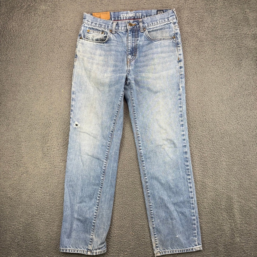 Chaps Straight Fit Mens 30x32 Blue Light Wash Distressed Cotton Denim Jeans